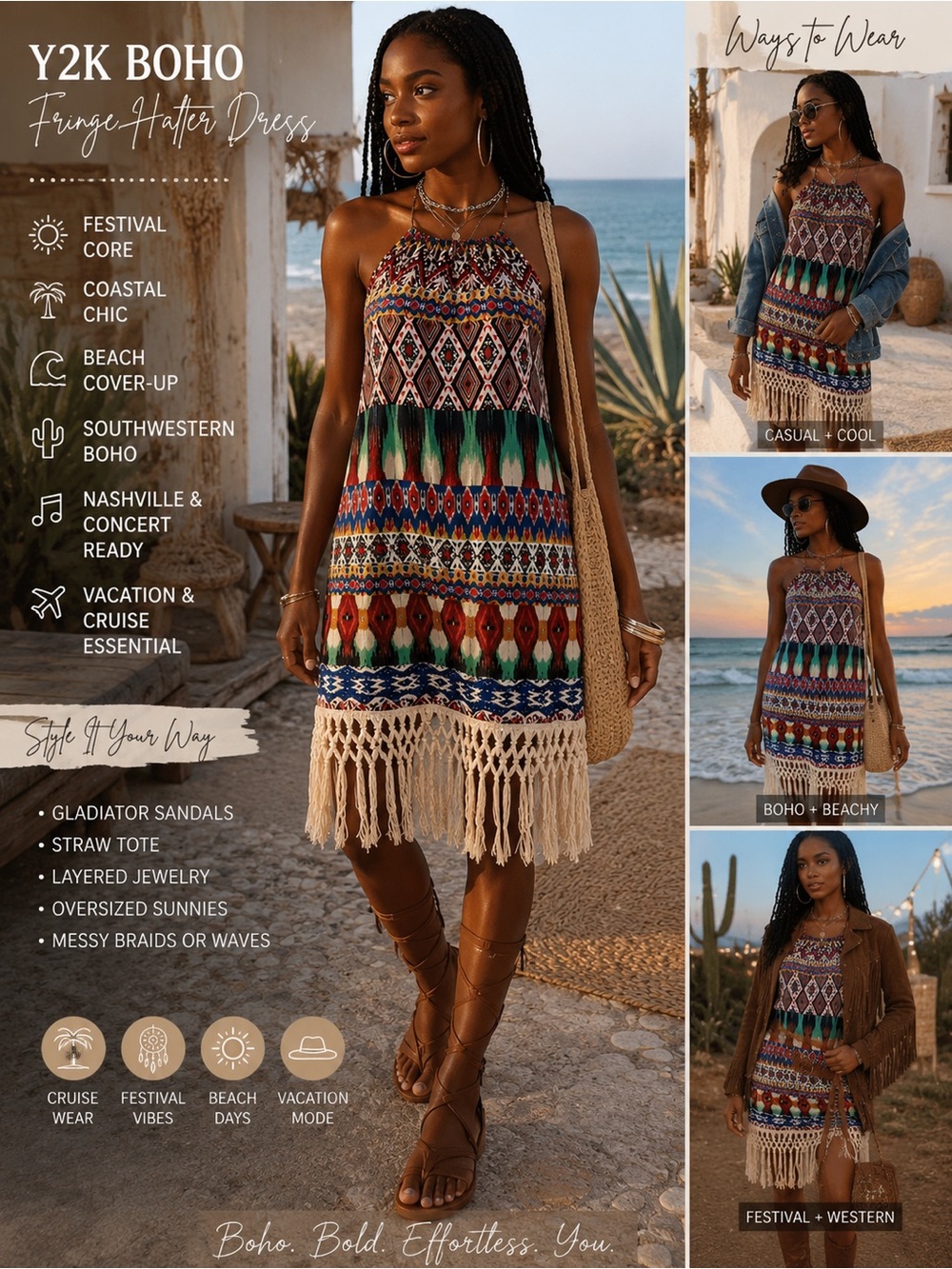 #38. Jodi Kristopher Y2K Boho Fringe Halter Dress | Festival Coastal Chic M
